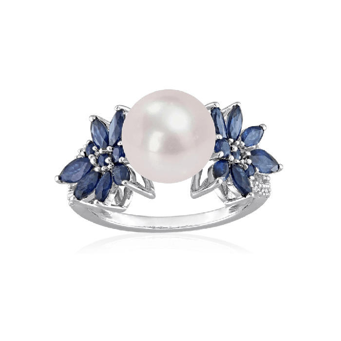 Blue Sapphire Round Pearl Ring