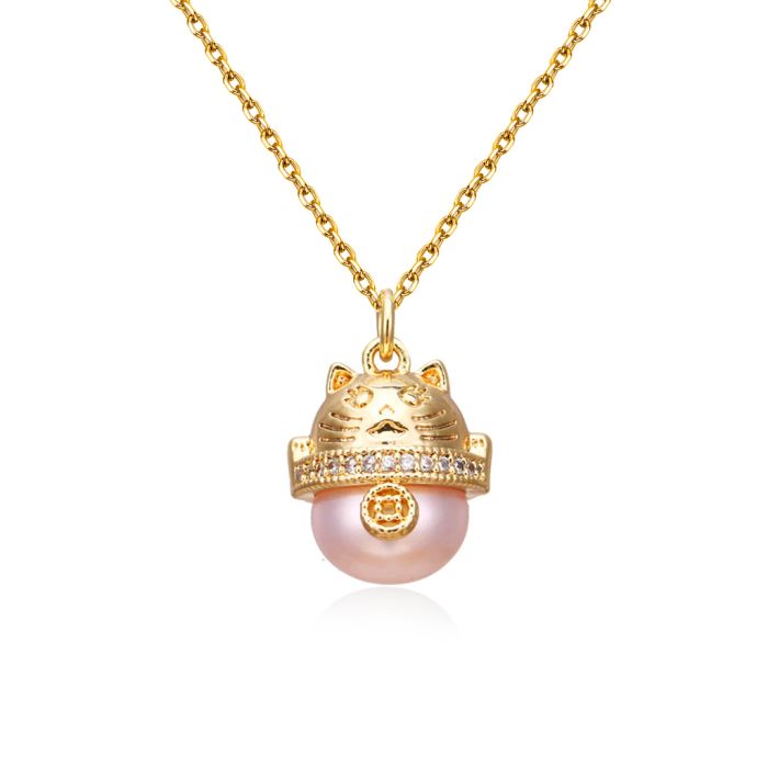 Fortune Cat  Freshwater Pearl Pendant Necklace