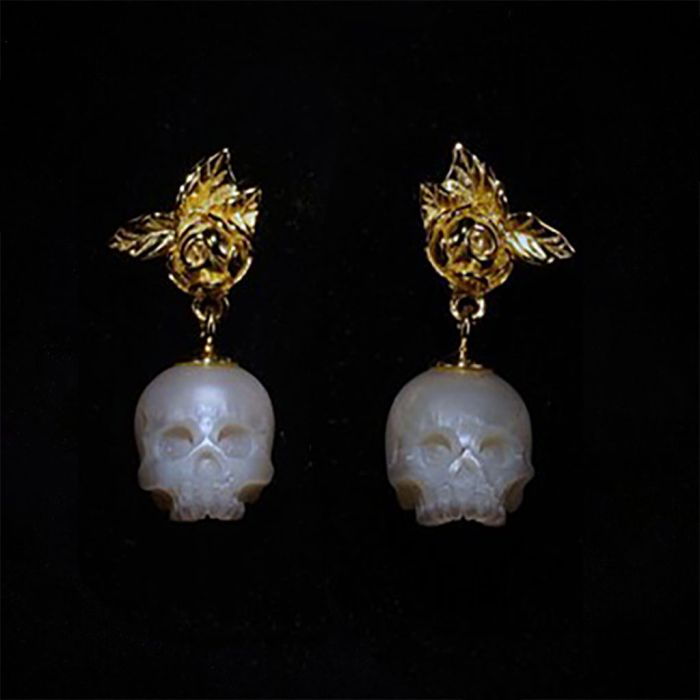 Handmade Gothic Rose Carved Skull Pearl Drop Earrings