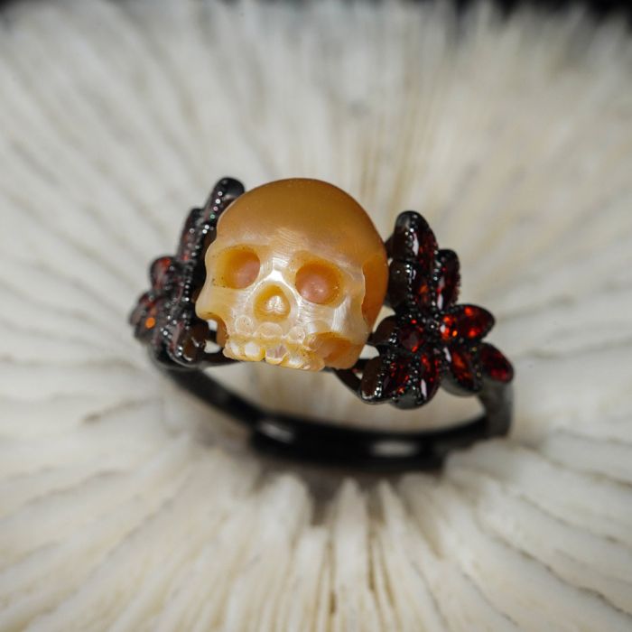 Red Garnet Carved Skull Pearl Ring