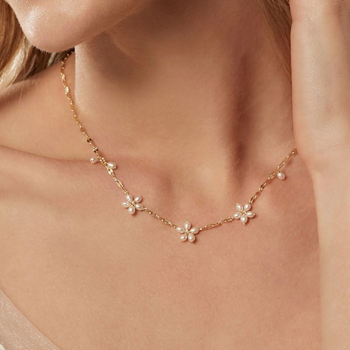 Flowers Pearl Bridal Wedding Tincup Necklace